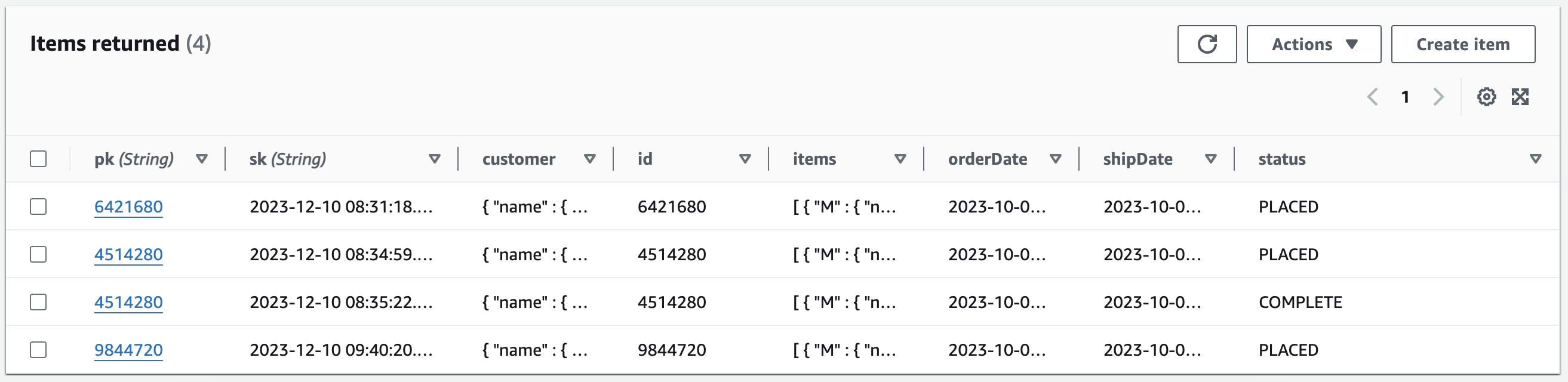 Orders Table Items
