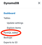 AWS Console DynamoDB PartiQL editor