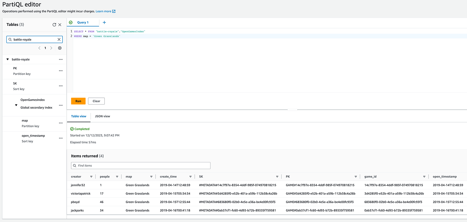 DynamoDB PartiQL editor query open games for Green Grasslands map