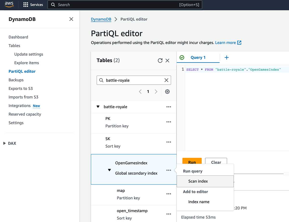 PartiQL editor in the AWS console